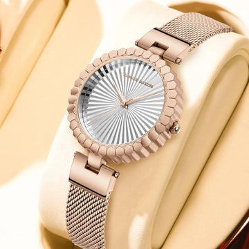 Luxury Brand Elegant Gold Tone Geometric Dial Women's Quartz Movement Watches Stainless Steel Mesh Belt Watches